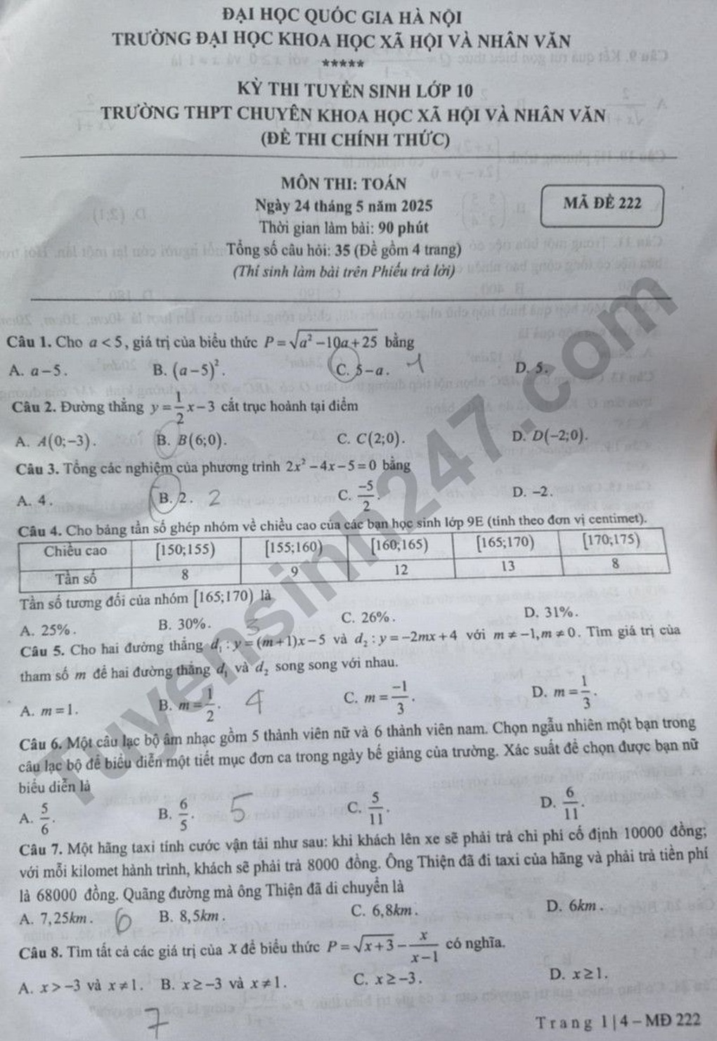 Đề thi, đáp án môn toán, tiếng Anh Trường chuyên Xã hội và Nhân văn Hà Nội - 1 Đề thi, đáp án môn toán, tiếng Anh Trường chuyên Xã hội và Nhân văn Hà Nội - 1