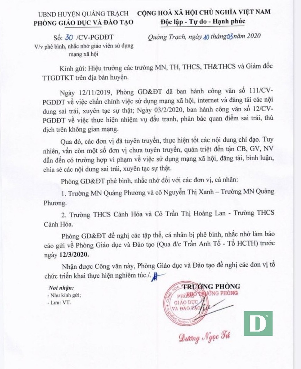 Phó Phòng GDĐT bị bôi nhọ vì ra văn bản chấn chỉnh đạo đức nhà giáo - 1 Phó Phòng GDĐT bị bôi nhọ vì ra văn bản chấn chỉnh đạo đức nhà giáo - 1