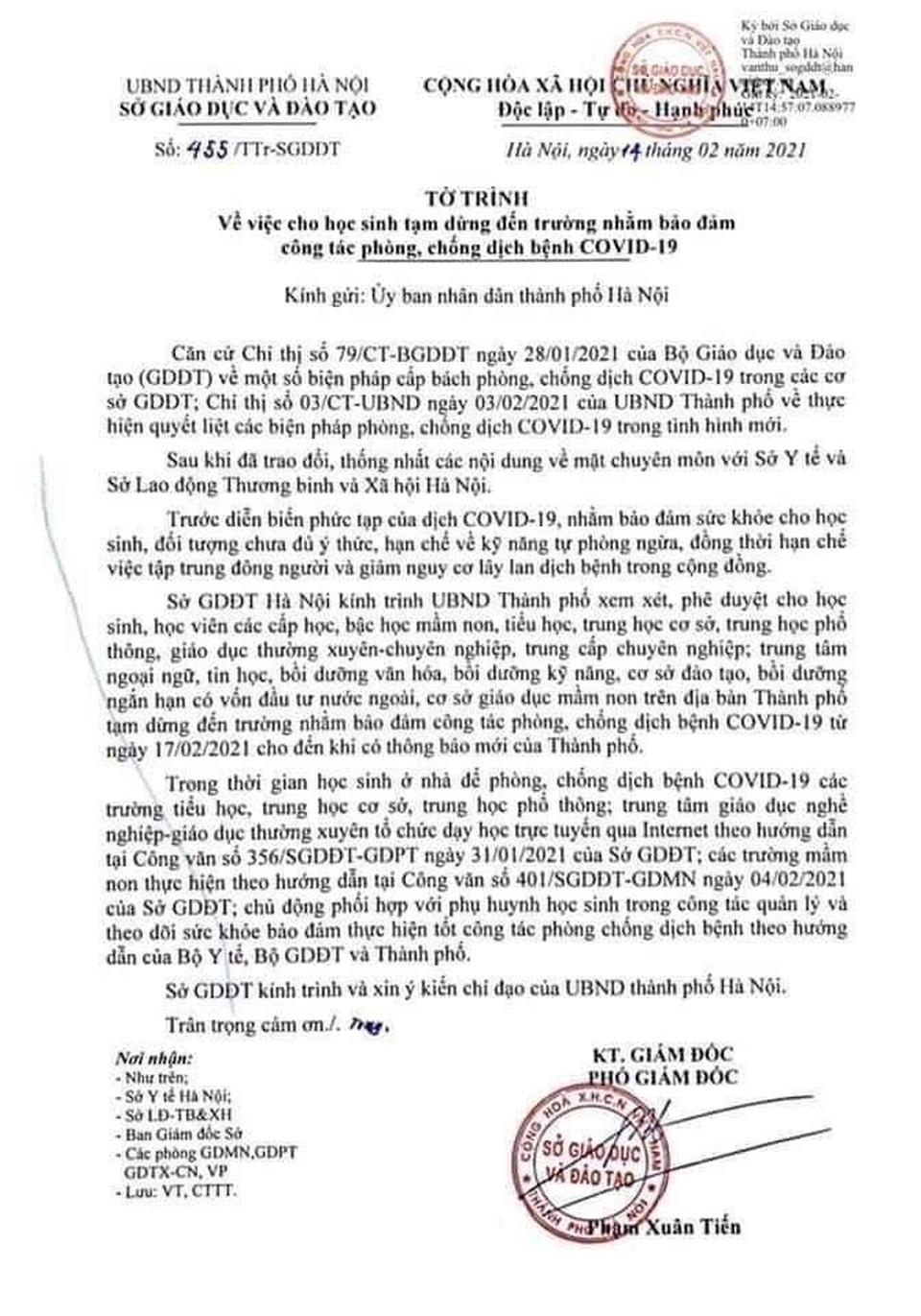 Sở GDĐT Hà Nội đề xuất cho học sinh tạm dừng đến trường vì Covid-19 - 1 Sở GDĐT Hà Nội đề xuất cho học sinh tạm dừng đến trường vì Covid-19 - 1