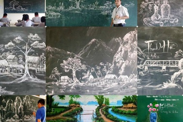 Thầy giáo 8X vẽ tranh bằng phấn trắng trên bảng đen