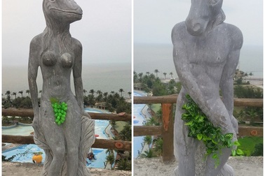 Bị phản đối, tượng 12 con giáp tháo bikini che chắn bằng lá cây
