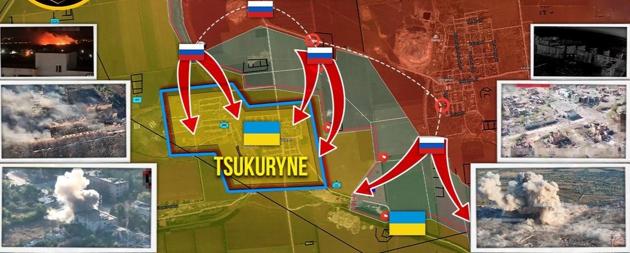 Bản đồ chiến sự Ukraine tại Tsukurino ở Kurakhove ngày 29/9. Trong đó, Nga kiểm soát phần màu đỏ và những nơi cắm cờ là khu vực họ mới giành được, đồng thời tiếp tục tấn công theo các mũi tên đỏ. Kiev giữ vùng màu vàng (Ảnh: MIlitary Summary).