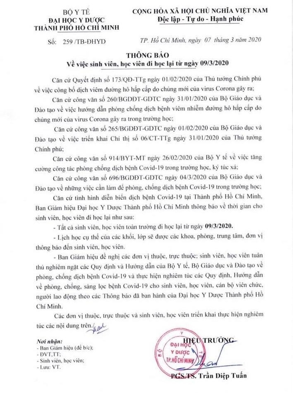 Trường ĐH Y dược TPHCM quyết định cho 14.000 sinh viên đi học ngày 9/3 - 2 Trường ĐH Y dược TPHCM quyết định cho 14.000 sinh viên đi học ngày 9/3 - 2
