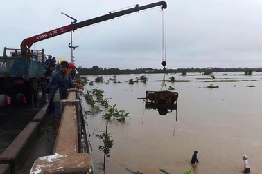 Độc chiêu dùng xe cẩu “câu” bò thoát dòng nước lũ