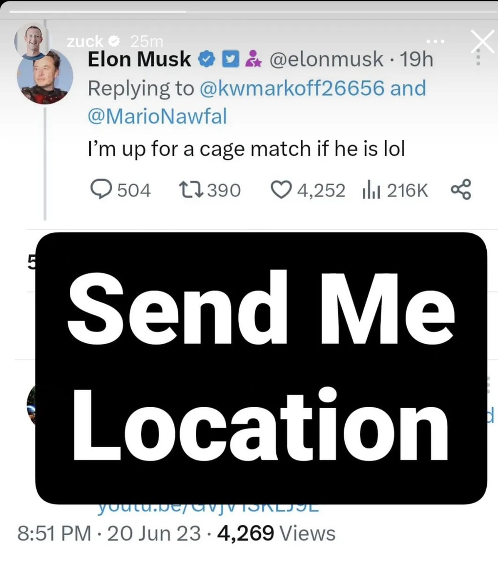 Mark Zuckerberg chia sẻ lại ảnh chụp lời thách đấu của Elon Musk, kèm thông điệp: Mark Zuckerberg chia sẻ lại ảnh chụp lời thách đấu của Elon Musk, kèm thông điệp: