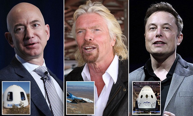 Từ trái qua phải: Nhà sáng lập Jeff Bezos (Blue Origin), Richard Branson (Virgin Galactic) và Elon Musk (SpaceX). Ảnh: Mail