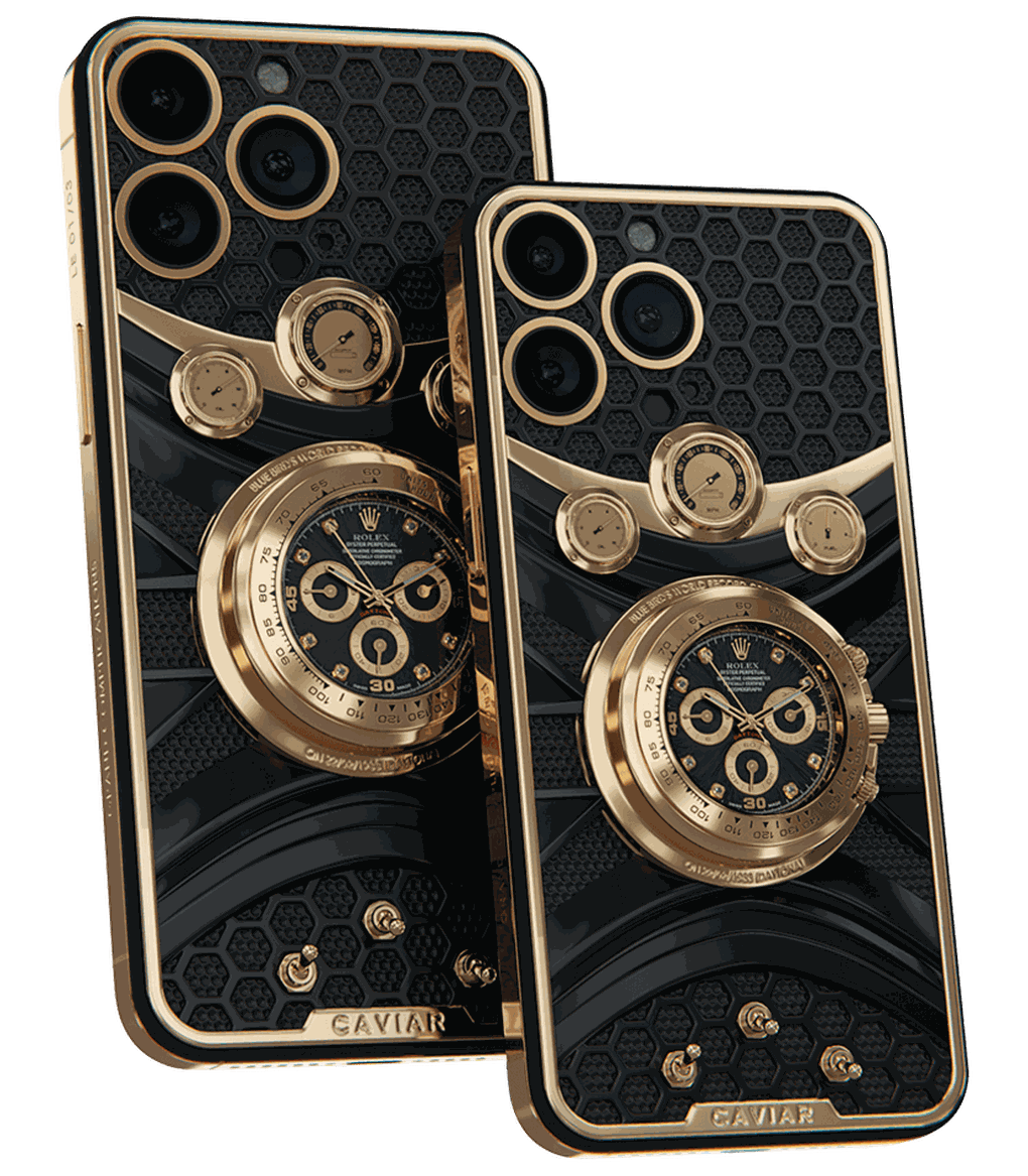 Mặt lưng iPhone được tích hợp đồng hồ Rolex Cosmograph Daytona, trên mặt đồng hồ có đính 8 viên kim cương (Ảnh: Caviar). Mặt lưng iPhone được tích hợp đồng hồ Rolex Cosmograph Daytona, trên mặt đồng hồ có đính 8 viên kim cương (Ảnh: Caviar).