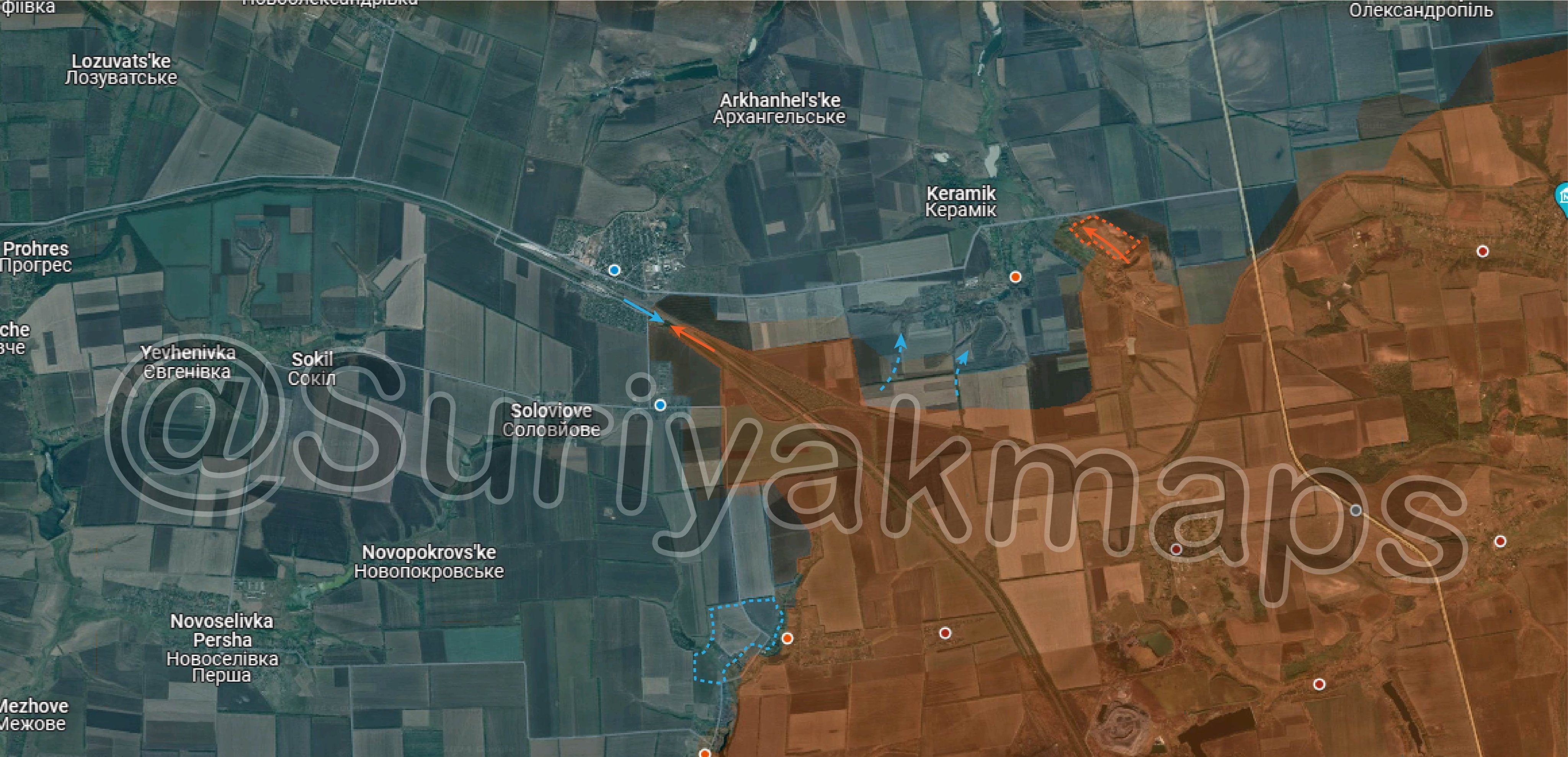 Bản đồ chiến sự Ukraine tại phía bắc Avdiivka ngày 18/4. Trong đó, Nga kiểm soát phần màu nâu, các mũi tên màu cam thể hiện hướng tấn công của họ và khu vực bao quanh bởi nét đứt màu cam là nơi lực lượng Moscow vừa giành được, các mũi tên xanh là hướng Kiev phản công hoặc rút lui (Ảnh: Suriyakmaps).
