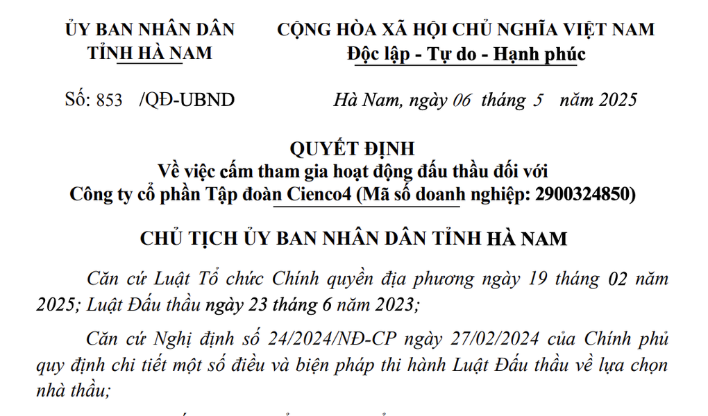 Làm giả tài liệu, Cienco4 bị tỉnh Hà Nam cấm tham gia đấu thầu - 1 Làm giả tài liệu, Cienco4 bị tỉnh Hà Nam cấm tham gia đấu thầu
