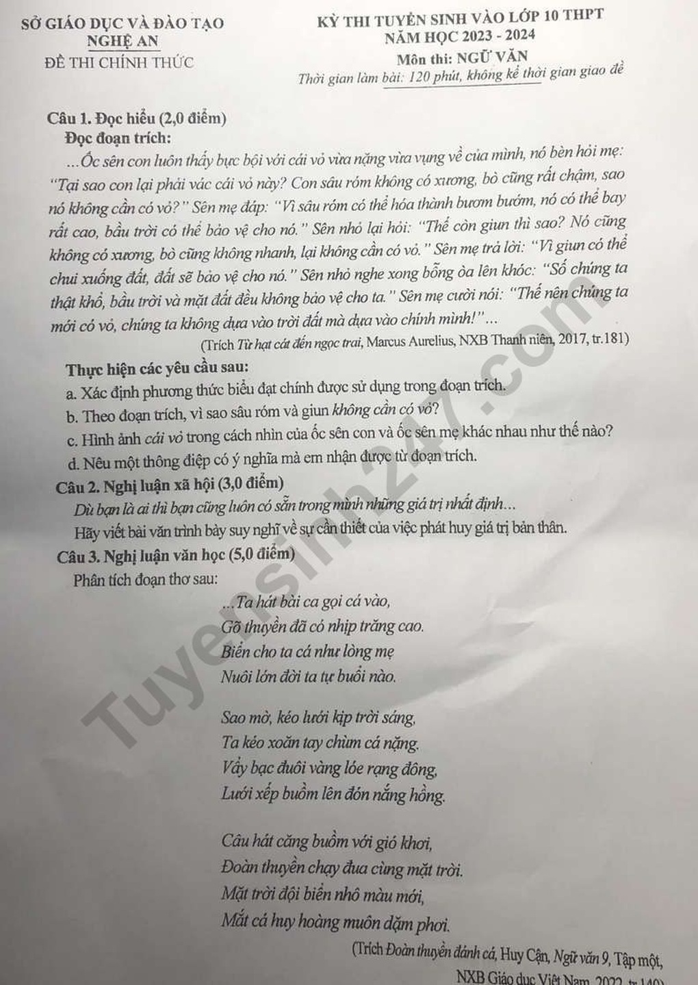 Đề thi và đáp án gợi ý môn ngữ văn vào lớp 10 tỉnh Nghệ An - 1 Đề thi và đáp án gợi ý môn ngữ văn vào lớp 10 tỉnh Nghệ An - 1