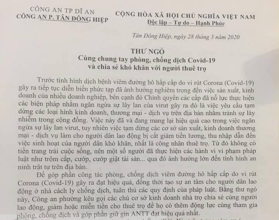 Công an gửi thư ngỏ kêu gọi 1.300 nhà trọ giảm tiền thuê phòng - 1 Công an gửi thư ngỏ kêu gọi 1.300 nhà trọ giảm tiền thuê phòng - 1