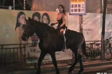 Cô gái gây sốc khi ăn mặc gợi cảm, cưỡi ngựa giữa đường