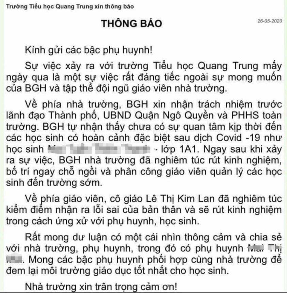 Vụ bé lớp 1 đứng ngoài cổng trường: Ban giám hiệu xin nhận trách nhiệm - 1 Vụ bé lớp 1 đứng ngoài cổng trường: Ban giám hiệu xin nhận trách nhiệm - 1