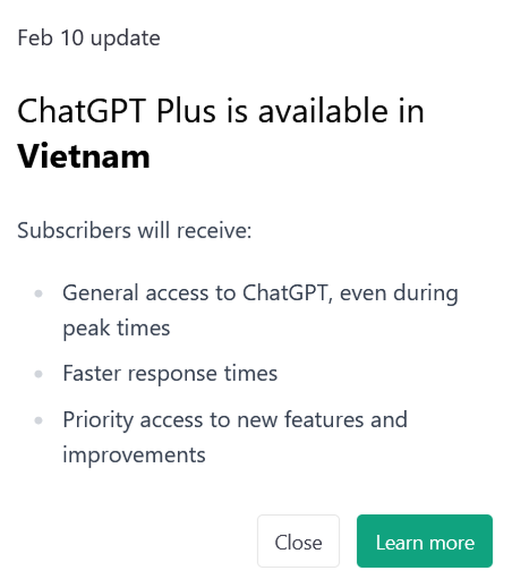 Thông báo ChatGPT Plus đã có mặt tại Việt Nam (Ảnh chụp màn hình). Thông báo ChatGPT Plus đã có mặt tại Việt Nam (Ảnh chụp màn hình).