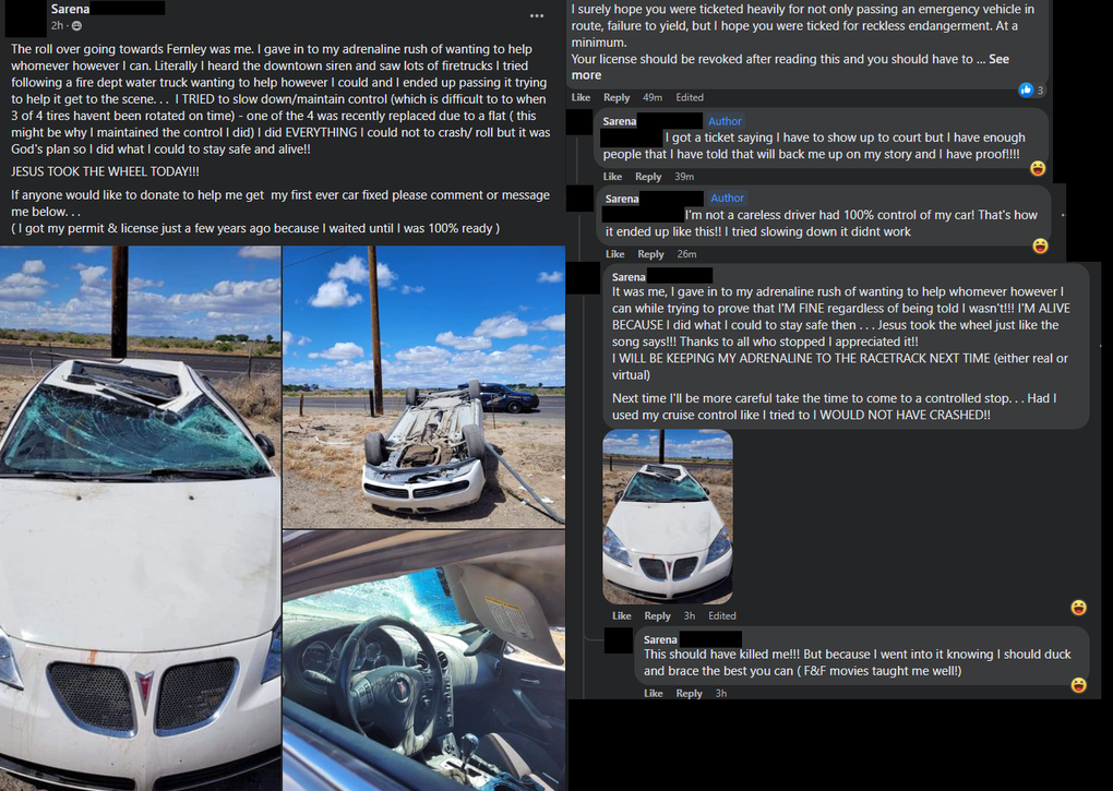 Đua với xe cứu hỏa, nữ tài xế tự gây tai nạn lật xe - 1 Đua với xe cứu hỏa, nữ tài xế tự gây tai nạn lật xe - 1