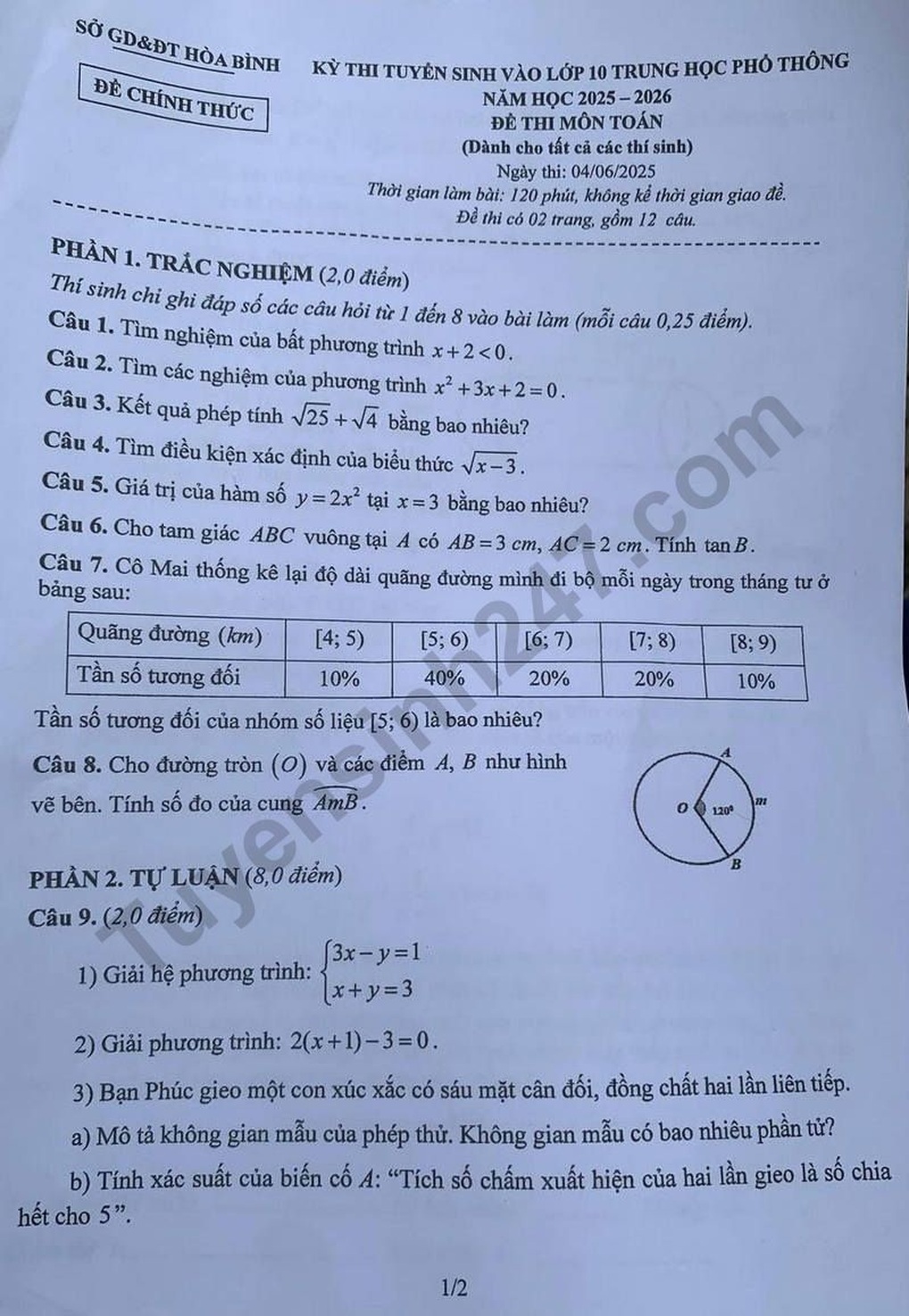 Đề thi, đáp án môn toán, ngữ văn thi lớp 10 năm 2025 tỉnh Hoà Bình - 4 Đề thi, đáp án môn toán, ngữ văn thi lớp 10 năm 2025 tỉnh Hoà Bình - 4
