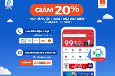 Tiết kiệm 20% khi nạp tiền điện thoại và thanh toán hóa đơn điện trên Shopee với AirPay