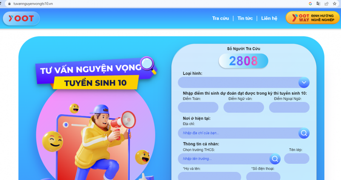 Giao diện trang web tư vấn nguyện vọng thi lớp 10 công lập ở Thành phố Hồ Chí Minh.