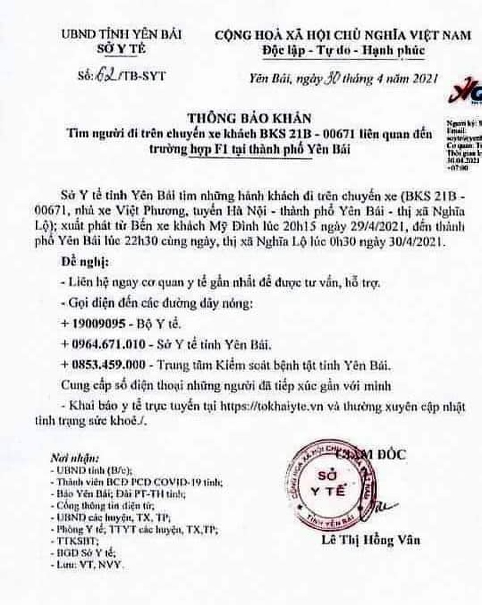 Yên Bái ra thông báo khẩn tìm người đi trên xe khách có trường hợp F1 - 1 Yên Bái ra thông báo khẩn tìm người đi trên xe khách có trường hợp F1 - 1
