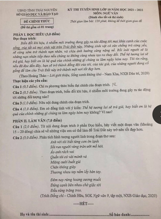 Gợi ý đáp án môn Ngữ văn kỳ thi vào 10 THPT năm 2021 tỉnh Thái Nguyên - Ảnh 1.