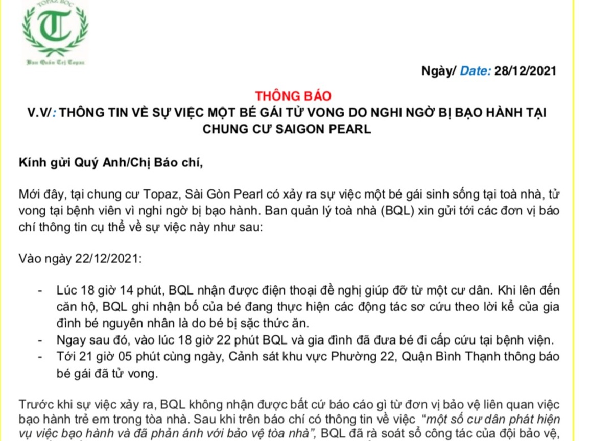 Vụ bé gái bị bạo hành tử vong: Ban quản lý chung cư Sài Gòn Pearl lên tiếng - 1 Vụ bé gái bị bạo hành tử vong: Ban quản lý chung cư Sài Gòn Pearl lên tiếng - 1