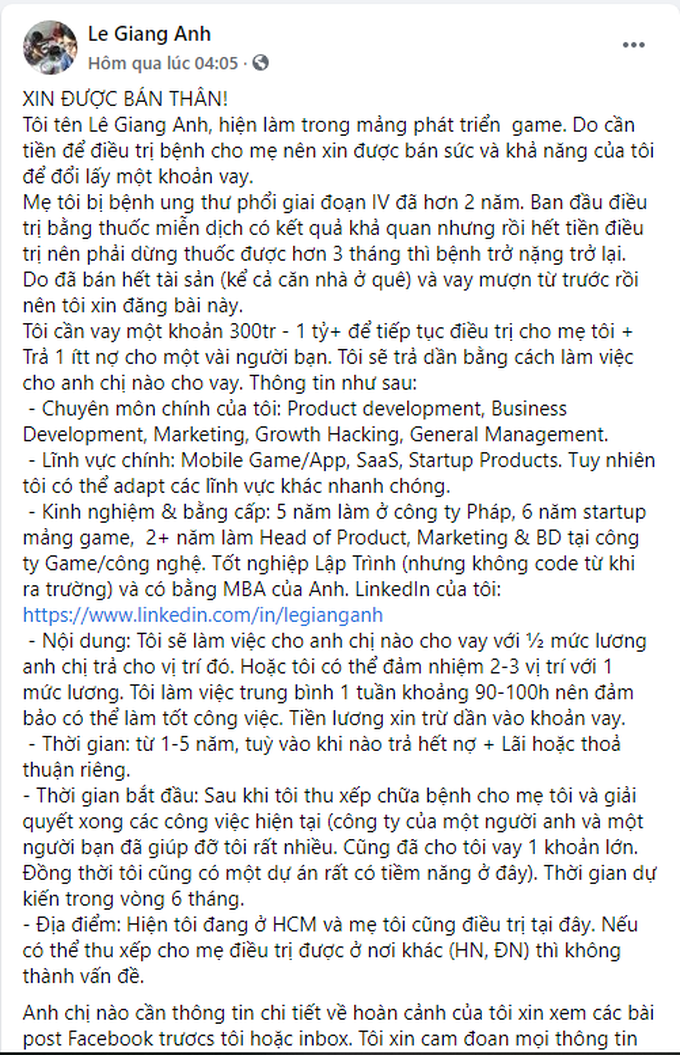 Mẹ mắc ung thư giai đoạn cuối, con trai XIN ĐƯỢC BÁN THÂN vay trả dần, làm không lương lấy tiền chữa bệnh cho mẹ - Ảnh 1.