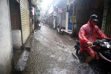 Người Hà Nội bì bõm trong ngõ ngập sâu vì mưa bão