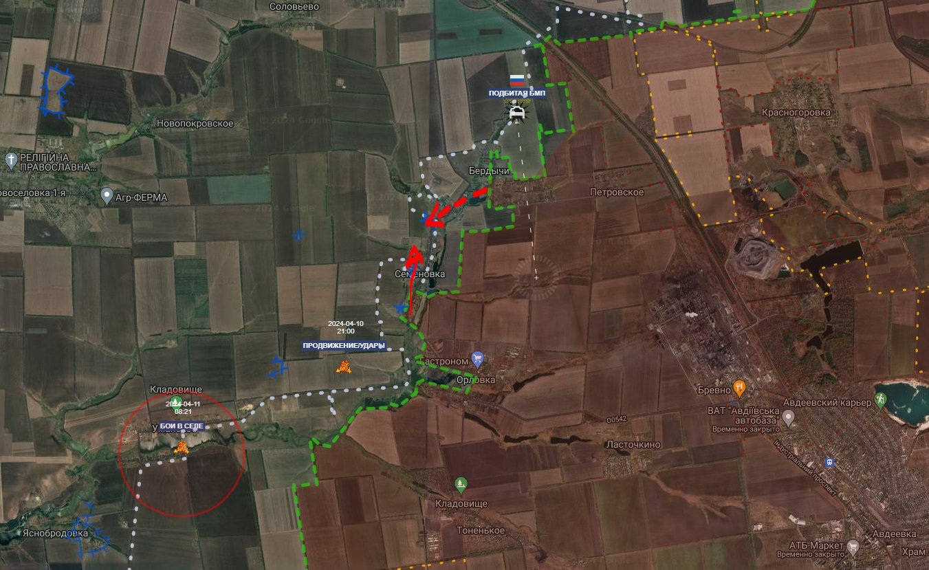 Bản đồ chiến sự Ukraine tại Avdiivka ngày 11/4. Trong đó Nga kiểm soát phần màu nâu, các mũi tên đỏ thể hiện hướng tấn công của họ (Ảnh: Geroman).