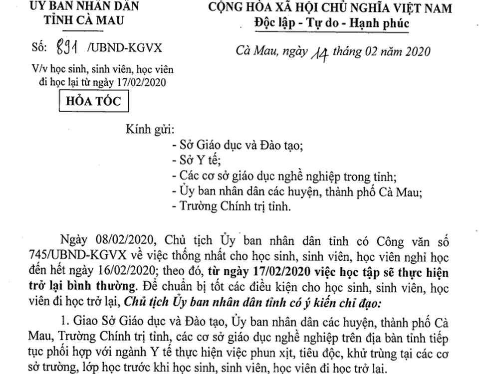 Học sinh Cà Mau đi học trở lại từ ngày 17/2, tạm dừng hoạt động ngoại khóa - 1 Học sinh Cà Mau đi học trở lại từ ngày 17/2, tạm dừng hoạt động ngoại khóa - 1