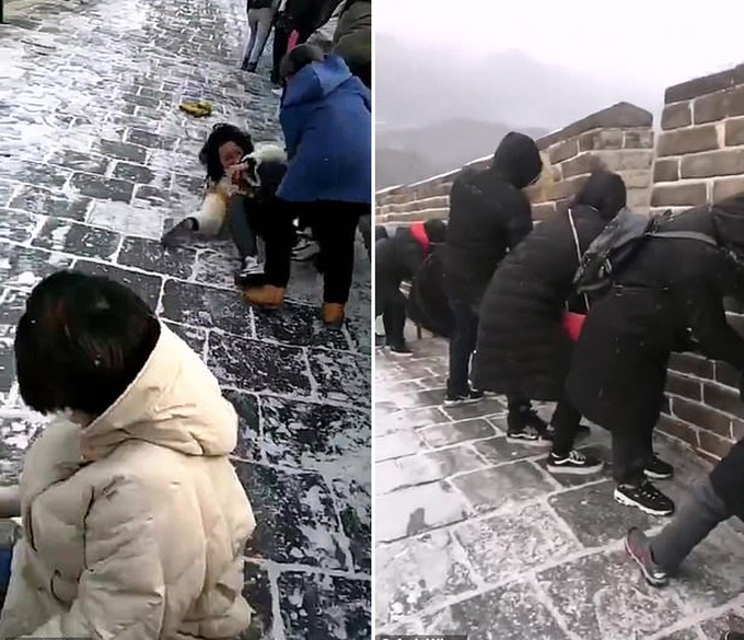 Clip: Tham quan Vạn Lí Trường Thành, hàng loạt du khách bất ngờ trượt ngã vì 1 lý do - Ảnh 3. Clip: Tham quan Vạn Lí Trường Thành, hàng loạt du khách bất ngờ trượt ngã vì 1 lý do - Ảnh 3.