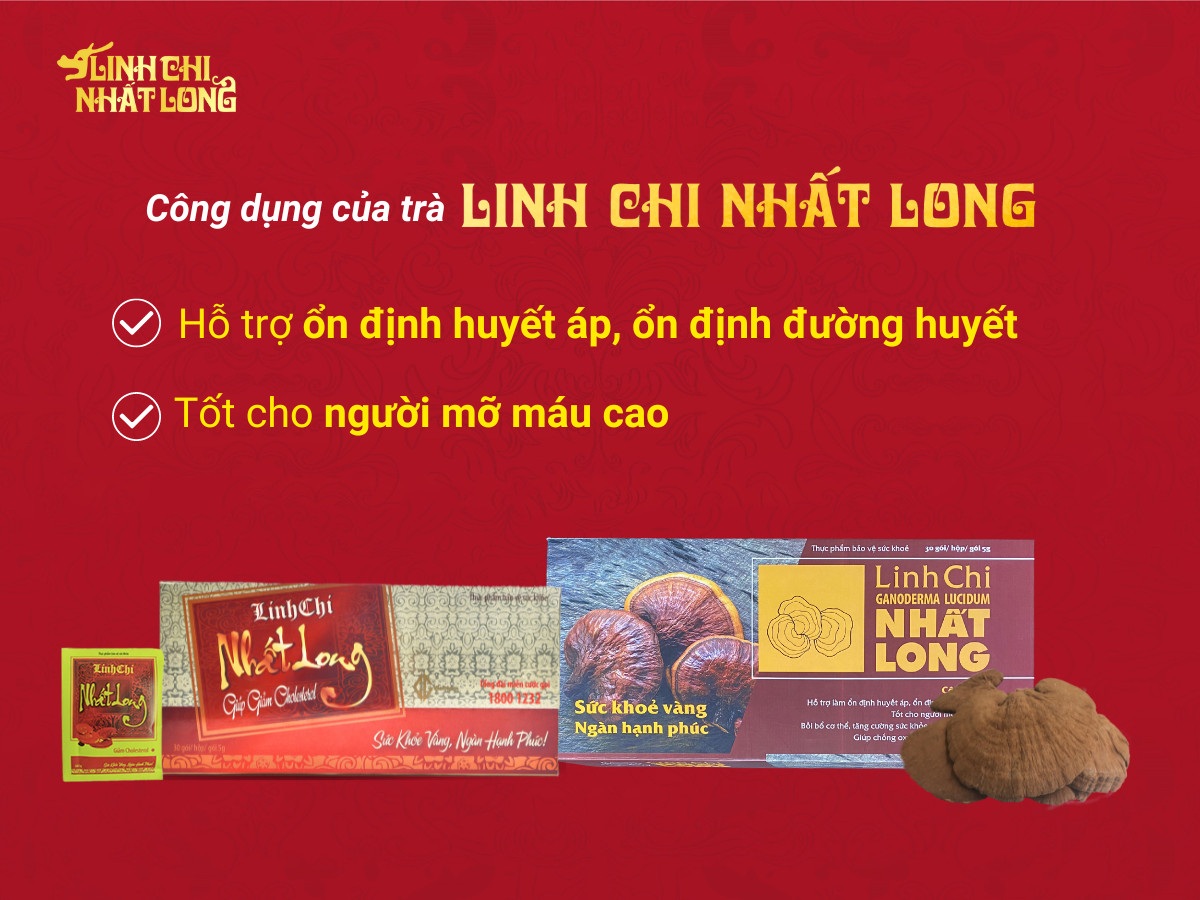 Trà Linh Chi Nhất Long: Hỗ trợ giảm huyết áp và đường huyết Nấm linh chi được sử dụng để hỗ trợ giảm huyết áp, giảm đường huyết, tốt cho người mỡ máu cao