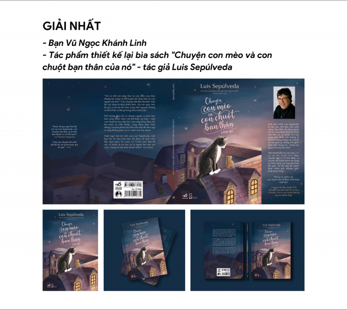 Bạn Vũ Ngọc Khánh Linh đoạt giải Nhất với bài dự thi thiết kế lại bìa sách “Chuyện con mèo và con chuột bạn thân của nó” của tác giả Luis Sepúlveda.