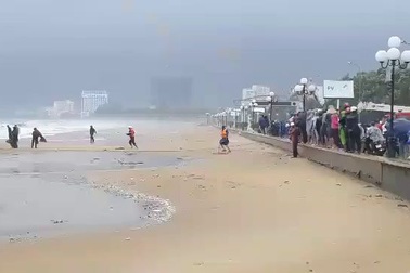 Tàu cá của ngư dân bị sóng đánh dạt vào bờ biển Quy Nhơn (Bình Định)