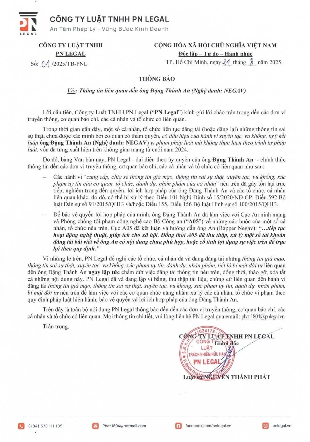 Cục An ninh mạng xác minh văn bản của công ty luật liên quan rapper Negav - 1