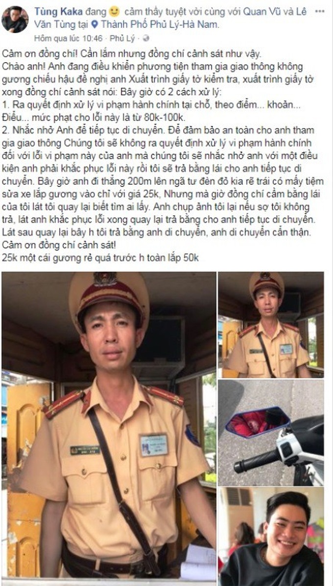 Đoạn chia sẻ của tài khoản Facebook Tùng Ka Ka về việc xử phạt của lực lượng CSGT thành phố Phủ Lý khiến cộng đồng mạng bàn tán sôi nổi (ảnh chụp màn hình)