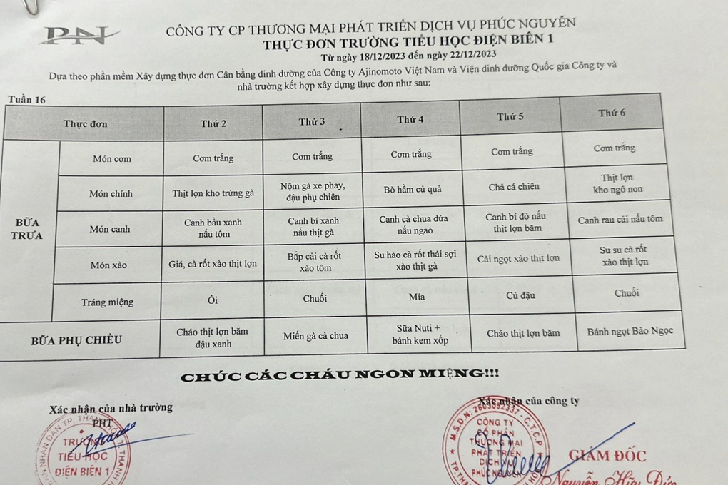Vụ 9 học sinh nôn ói sau buổi học: Chi tiết thực đơn bữa ăn bán trú - 2 Vụ 9 học sinh nôn ói sau buổi học: Chi tiết thực đơn bữa ăn bán trú - 2