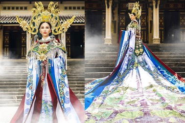 Hoa hậu Châu Ngọc Bích mang áo dài biểu tượng hoa sen trắng lộng lẫy tới Mrs Universe 2018