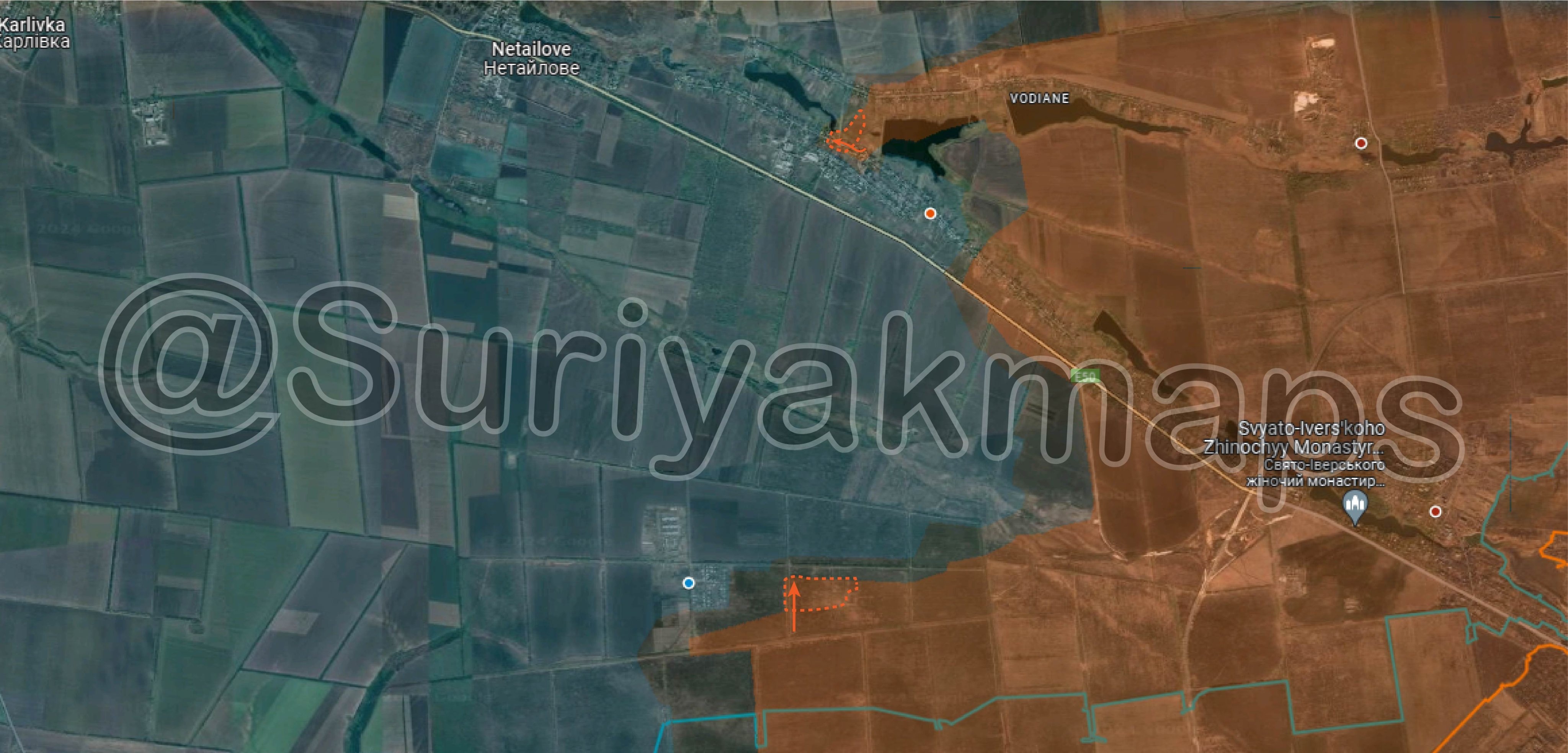 Bản đồ chiến sự Ukraine tại tây bắc Donetsk đến 11/3. Trong đó, Nga kiểm soát phần màu nâu, các mũi tên màu cam là hướng tấn công của họ và những khu vực bao quanh bởi nét đứt màu cam là nơi lực lượng Moscow vừa giành được (Ảnh: Suriyakmaps).