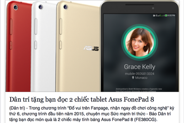 Công bố 2 bạn đọc may mắn trúng thưởng chiếc tablet Asus FonePad 8