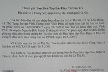 Trả lời đơn khiếu nại của bà Lê Thị Sài 