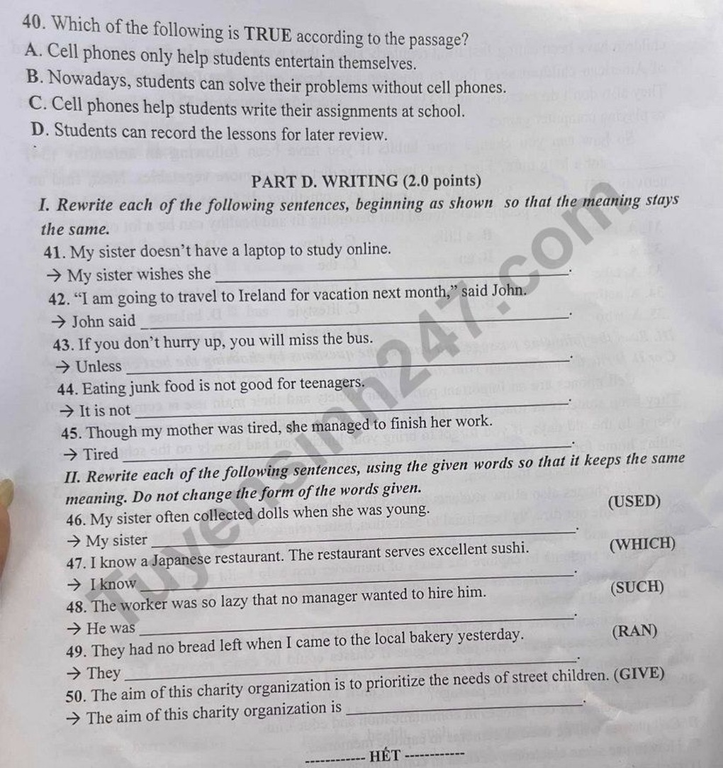 English exam questions and answers for grade 10 in Thanh Hoa province in 2025 - 4 Đề thi và đáp án môn tiếng Anh vào lớp 10 tỉnh Thanh Hóa năm 2025 - 4
