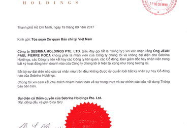 Công ty Sebrina Holdings PTE thông báo bãi trừ trách nhiệm nhân viên