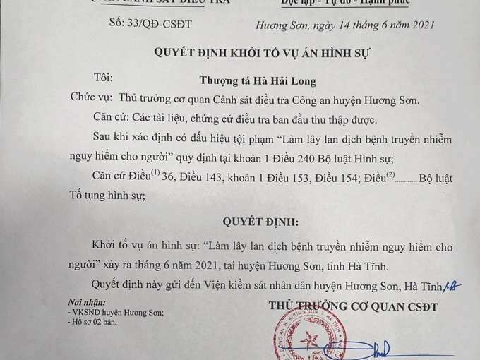 Công an Hương Sơn (Hà Tĩnh): Khởi tố vụ án hình sự làm lây lan dịch bệnh - Ảnh 1.