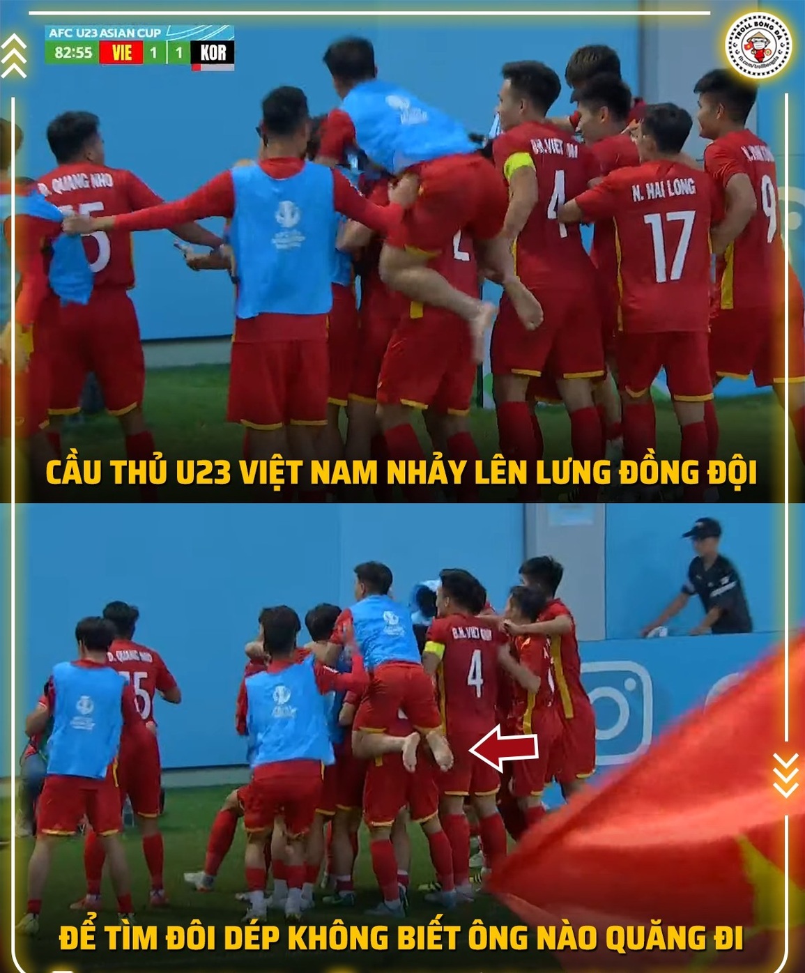 Không biết là đang ăn mừng bàn thắng hay đang… đi tìm dép? (Ảnh: Troll bóng đá). Không biết là đang ăn mừng bàn thắng hay đang… đi tìm dép? (Ảnh: Troll bóng đá).