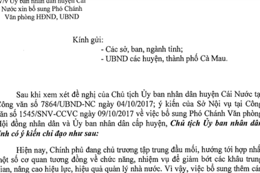 Cà Mau không đồng ý huyện Cái Nước có thêm phó chánh văn phòng