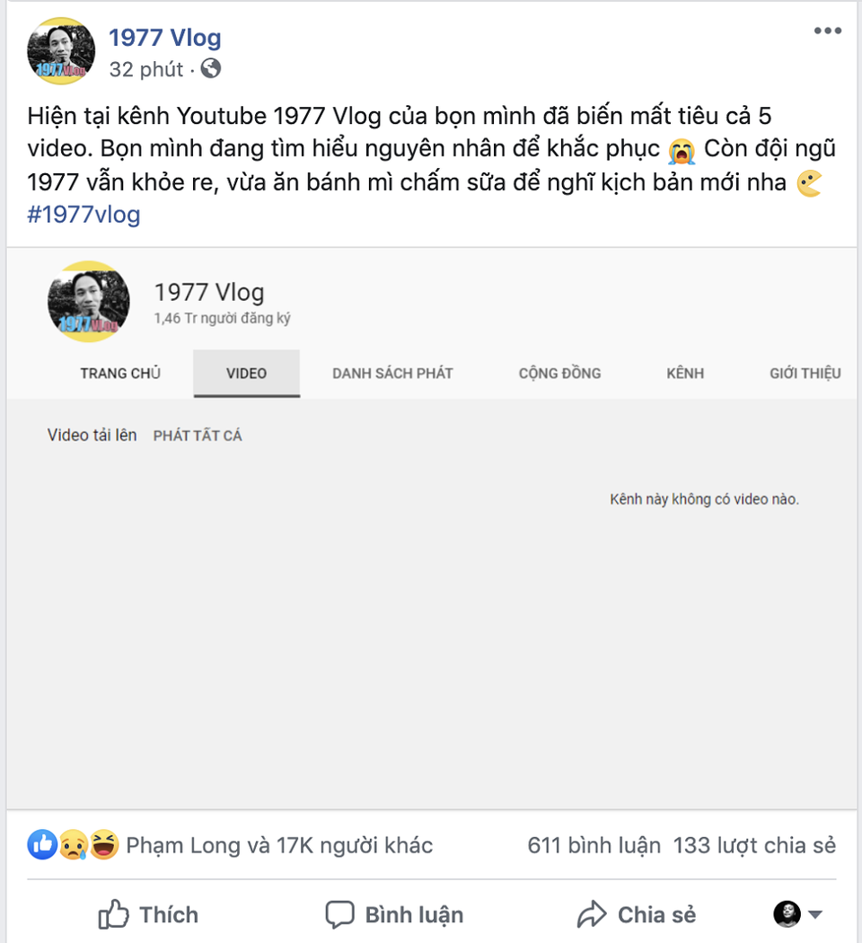 1977 Vlog lấy lại được 5 video triệu views bỗng nhiên bị xóa, Youtube chưa giải thích - 1 1977 Vlog lấy lại được 5 video triệu views bỗng nhiên bị xóa, Youtube chưa giải thích - 1