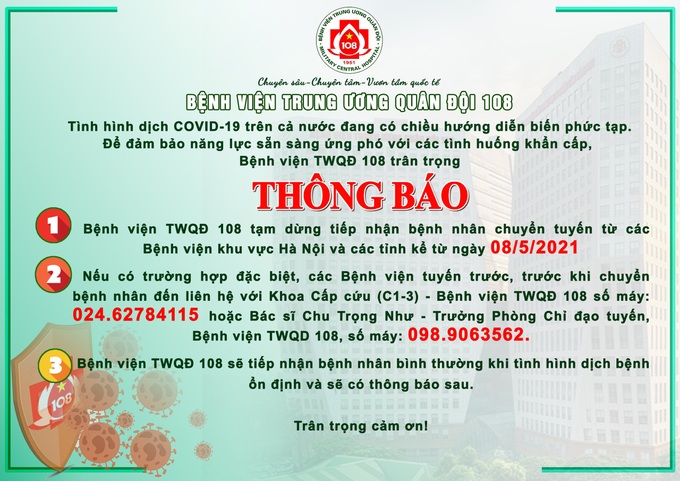 Bệnh viện 108 tạm dừng tiếp nhận bệnh nhân từ ngày 8/5 - Ảnh 1.