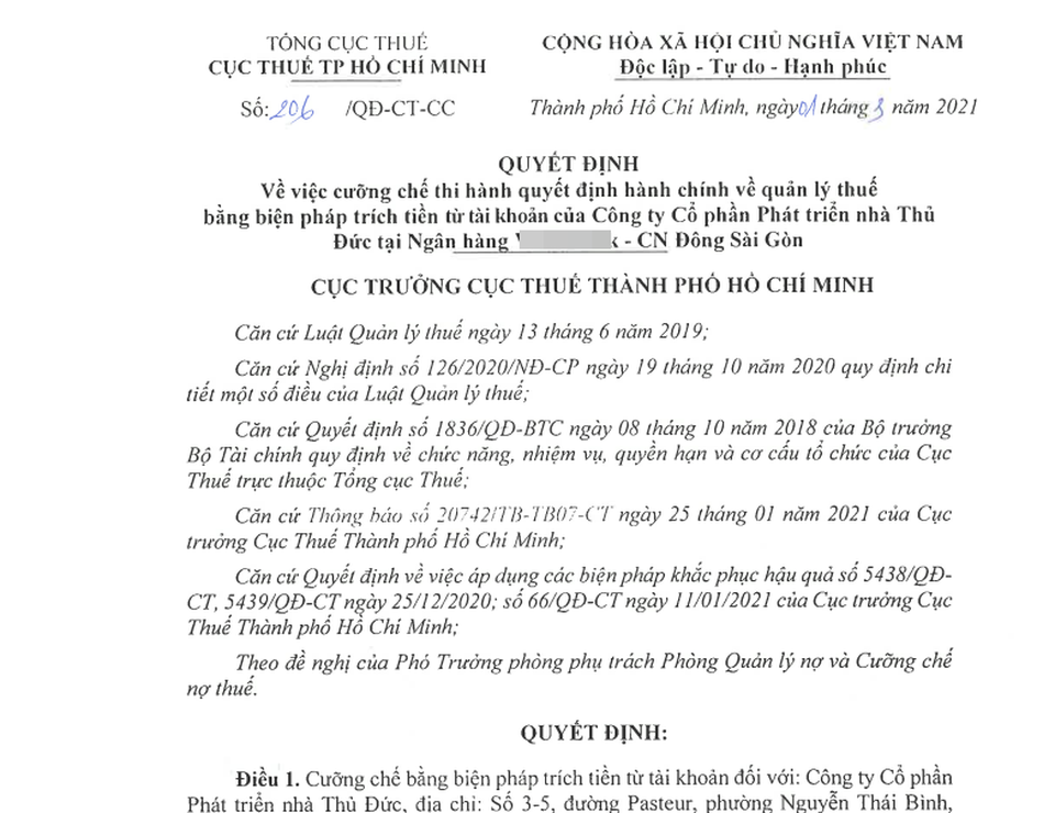 Cục thuế yêu cầu ngân hàng cưỡng chế thu thuế Thuduc House - 2 Cục thuế yêu cầu ngân hàng cưỡng chế thu thuế Thuduc House - 2