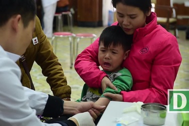 Phụ huynh, trẻ nhỏ xếp hàng từ tờ mờ sáng đợi xét nghiệm sán lợn