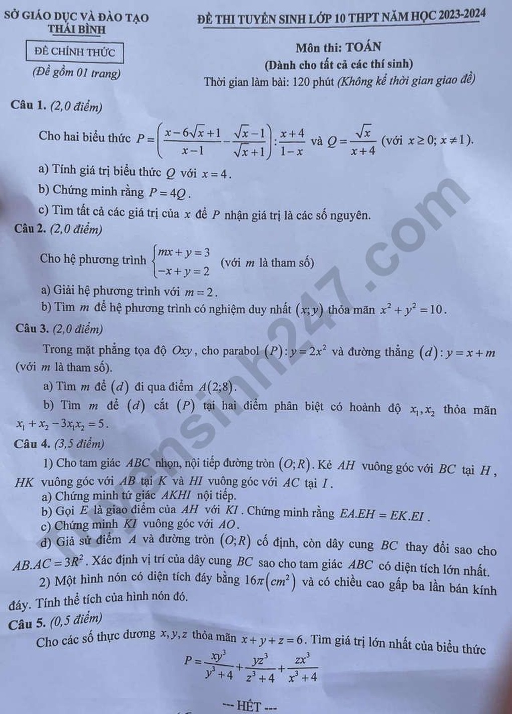 Đáp án chi tiết đề toán, ngữ văn tuyển sinh lớp 10 tỉnh Thái Bình - 5 Đáp án chi tiết đề toán, ngữ văn tuyển sinh lớp 10 tỉnh Thái Bình - 5